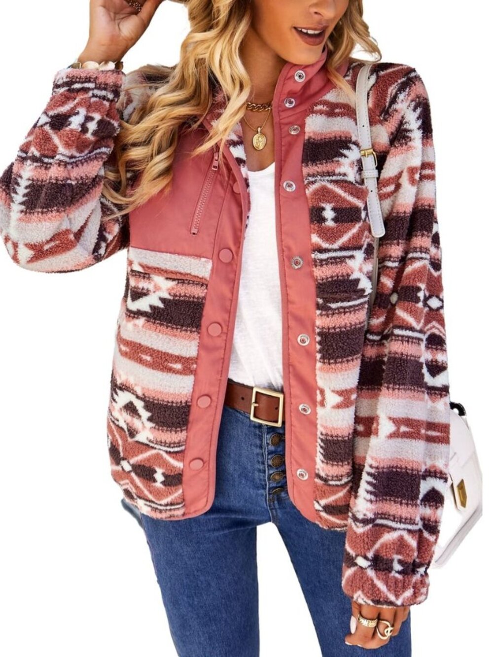 Women's Fleece Jacket Tribal Aztec Print Long Sleeve Button Down Shacket Jacket